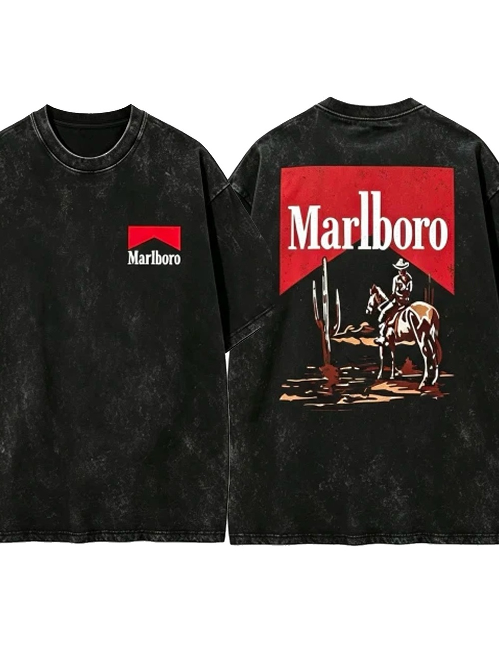 Washed Marlboro Cowboy Front Back Print T-shirt